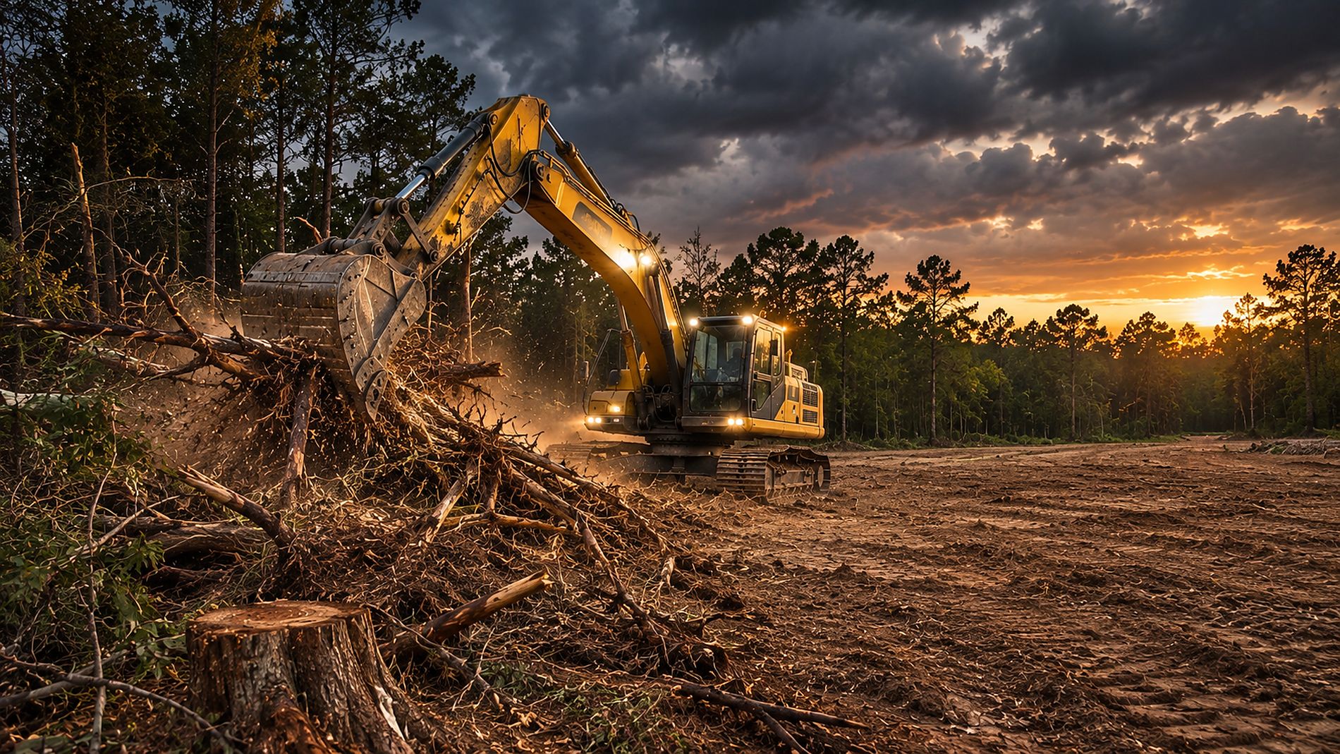 Excavator clearing brush and downed timber on open ground at sunset