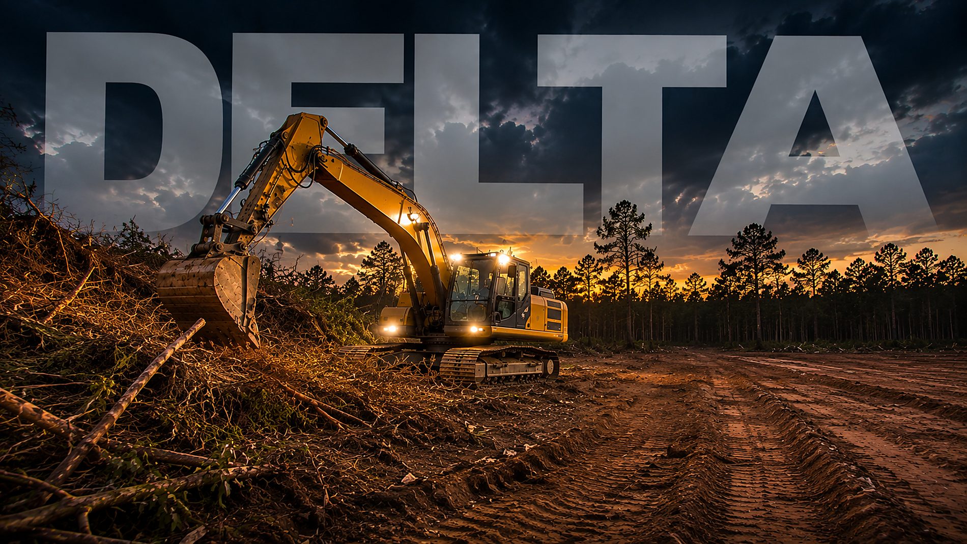 Excavator clearing downed timber on open ground at sunset, with DELTA across the sky