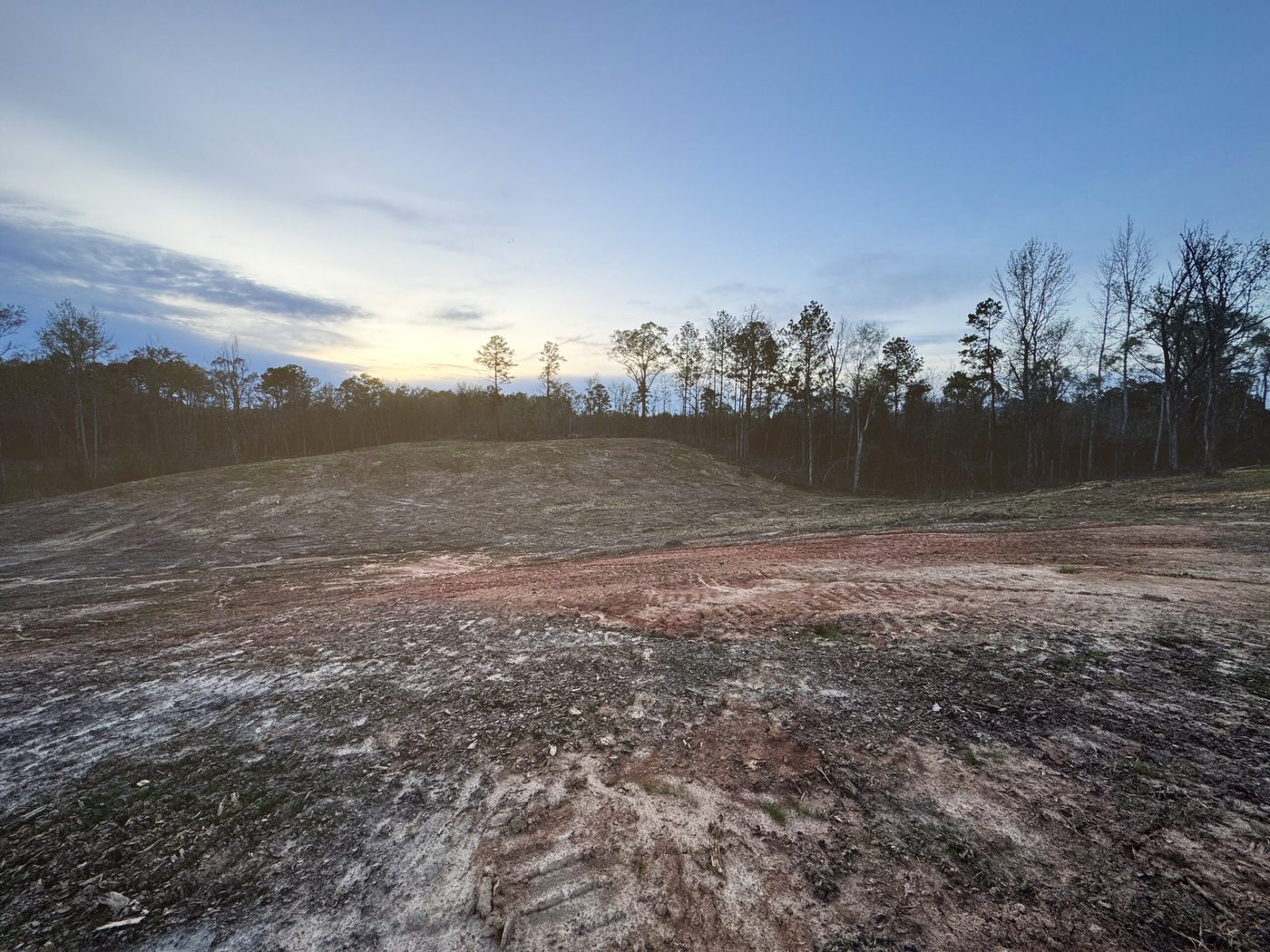 The same tract cleared to open ground at dusk